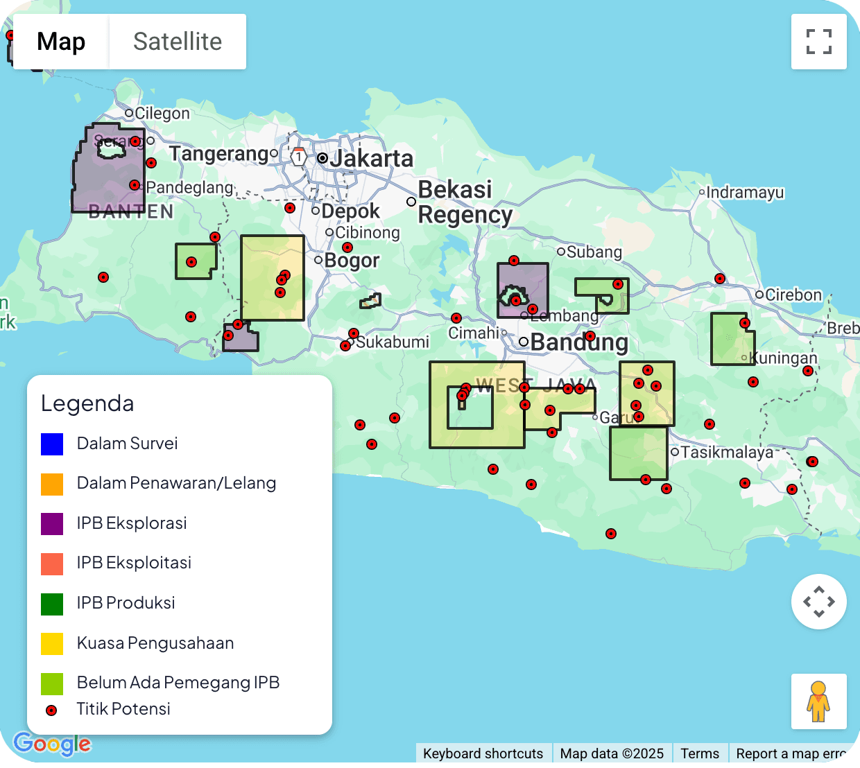 Indonesia geothermal sites map showing exploration and production permits